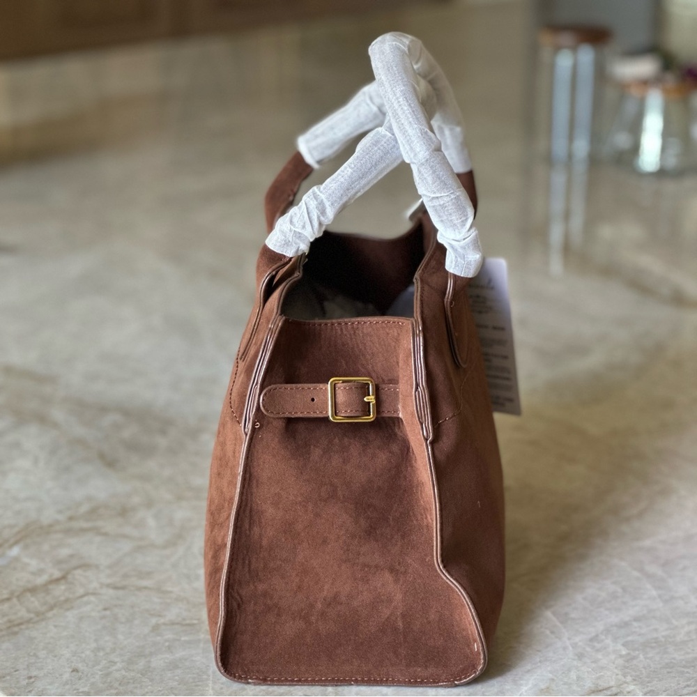 Brown Satchel PU Leather - Handled Tote - Cross Body Tote - Brown Suede Tote - Picture 7 of 12